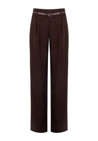 Braune, weit geschnittene Hose aus strukturiertem Stoff. Verfügt über einen braunen Ledergürtel mit silberner Schnalle und vordere Falten als zusätzliches Detail.