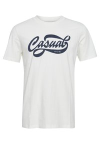 Balta medvilnės marškinėliai su dideliu tamsiai mėlynu užrašu, kuriame parašyta "Casual Friday". Klasikinis apvalus kaklo iškirpimas ir trumpomis rankovėmis.