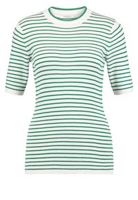 Zelený a bílý pruhovaný pletený top, krátké rukávy, kulatý výstřih, žebrovaná textura, přiléhavý střih, lehká látka.