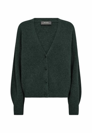 Donkergroen gebreide cardigan met een V-hals, knopen aan de voorkant en lange, iets pofmouwen. Zachte textuur en geribbelde manchetten.
