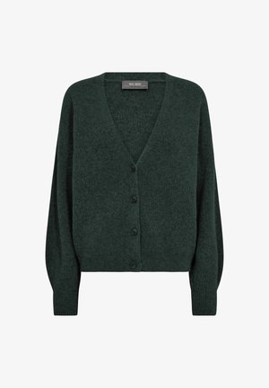 Dark green knitted cardigan with a V-neck, button front, and long, slightly puffy sleeves. Soft texture and ribbed cuffs.