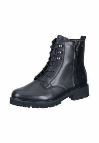 Bottes noires en cuir à lacets avec un détail de fermeture éclair sur le côté, semelle en caoutchouc et coutures renforcées sur les bords.