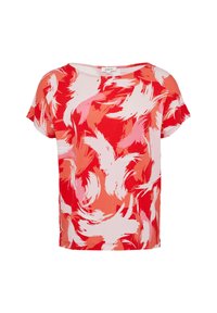 Rood en roze gemotiveerde blouse met korte mouwen, gemaakt van lichtgewicht stof, met een ontspannen pasvorm en ronde halslijn, met abstracte penseelstreken ontwerpen.