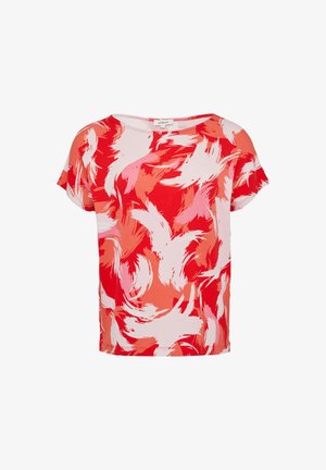 Blusa a maniche corte rossa e rosa a fantasia, realizzata in tessuto leggero con vestibilità rilassata e scollo rotondo, caratterizzata da design astratti con pennellate.