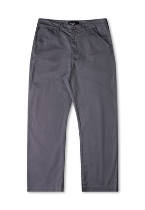 Gray cotton trousers with a straight-leg design, featuring a button and zip fly, front pockets, and back pockets. Smooth texture.
