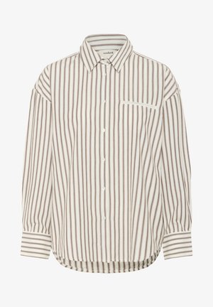 Gestreifte Buttons-Hemd mit vertikalen Linien in Braun und Weiß. Enthält eine einzelne Brusttasche und einen abgerundeten Saum. Weicher Stoff.