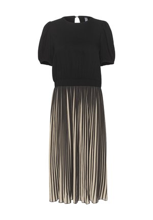 Fekete felső pöttyös ujjakkal, rugalmas derékrésszel és áramló szoknyával, amely függőleges krémszínű csíkokat tartalmaz. Kulcslyuk rész a háton.