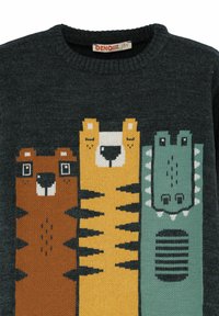 Maglione grigio scuro a maglia con un orso marrone in stile cartone animato, una tigre gialla e un alligatore verde affiancati sul davanti, progettato per bambini.