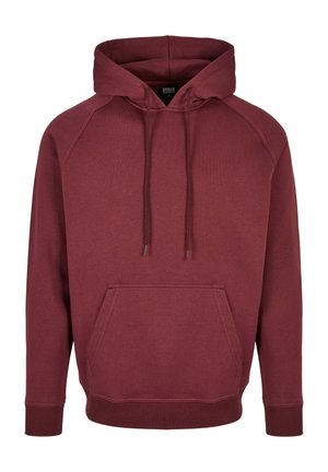 Bordeaux hoodie met een voorvak, koordjes en geribde manchetten. Gemaakt van zacht materiaal met een klassiek ontwerp en raglanmouwen.