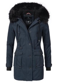 Navy parka jacket with fur-lined hood, zip and button closure, multiple front pockets, ribbed cuffs, and a textured fabric finish.