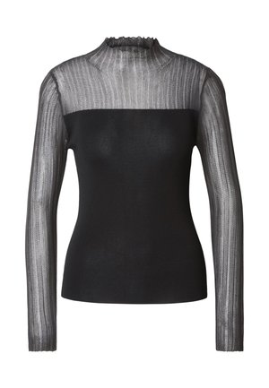 Top negro ajustado con mangas largas y parte superior del pecho de canalé transparente, con cuello alto y detalle sutil de volantes.