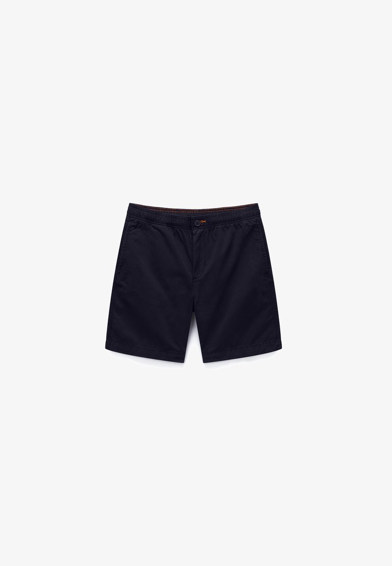 Shorts pour hommes bleu marine avec bouton et ceinture élastique, poches latérales, au design épuré et simple.