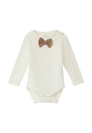 Body z długim rękawem z kremowej bawełny z tkanym brązowym muszką w pepitkę jako akcentem. Posiada zapięcia na zatrzaski na dole dla łatwego ubierania.