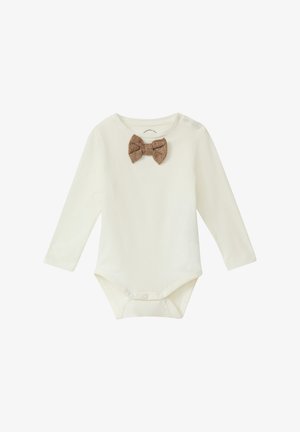 Langärmliger Body aus cremefarbenem Baumwollstoff mit einem gewebten braunen Hahnentritt-Fliegenakzent. Verfügt über Druckknöpfe am unteren Saum für einfaches An- und Ausziehen.