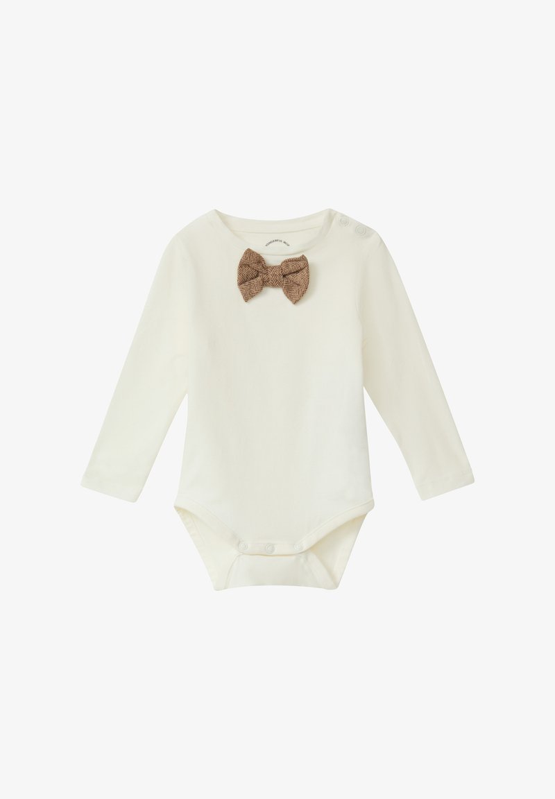 Langärmliger Body aus cremefarbenem Baumwollstoff mit einem gewebten braunen Hahnentritt-Fliegenakzent. Verfügt über Druckknöpfe am unteren Saum für einfaches An- und Ausziehen.