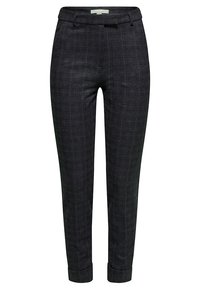 Pantalon gris foncé coupe slim avec un motif à carreaux subtil, passants pour ceinture et ourlets retroussés.