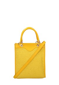 Borsa gialla con un corpo intrecciato testurizzato, accenti in pelle liscia, doppi manici superiori e tracolla rimovibile.