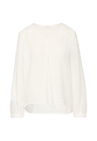 Blouse blanche à manches longues avec un décolleté en V, patte de boutonnage et tissu texturé. Présente des épaules froncées et un ourlet légèrement incurvé.
