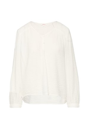 Witte blouse met lange mouwen, een V-hals, knoopsluiting en een geweven stof. Heeft gatherende schouders en een licht gebogen zoom.