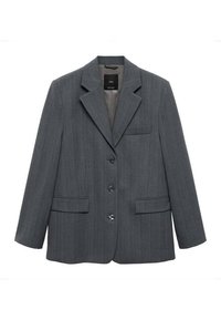 Grauer Blazer mit Nadelstreifen aus leichtem Stoff, ausgestattet mit einem Reverskragen, drei Knöpfen und zwei Fronttaschen.