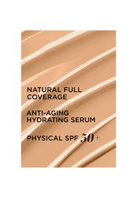 Sérum hydratant anti-âge couvrance totale naturel avec SPF physique 50+ sur un fond de texture crème beige lisse.