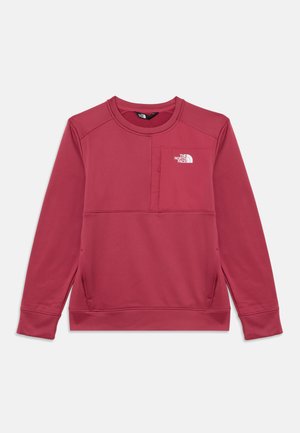 Červená mikina s dlhým rukávom a okrúhlym výstrihom, s náprsným vreckom a bielym logom The North Face v hornej ľavej časti.