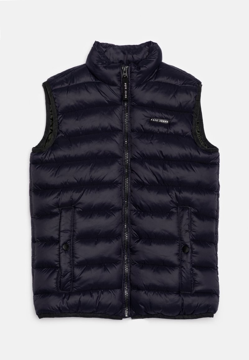Navy blue, insulated vest with a high collar, front zip closure, and two side pockets; features a quilted, padded design and logo detail.