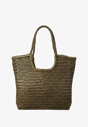 Borsa a mano intrecciata marrone con materiale intrecciato e testurizzato. Due manici robusti e apertura superiore per facile accesso e conservazione.