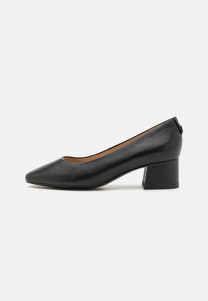 Escarpin femme en cuir noir à petit talon carré et bout pointu sur fond blanc.