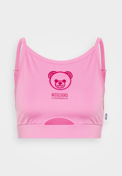 Rozā sporta bralette, kas izgatavota no gludas auduma, ar izšūtu lāča logo un tekstu "Moschino Underbear". Regulējamas siksnas un izgriezuma detalizācija.