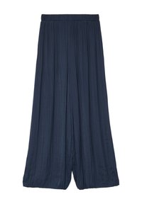Szerokie spodnie w ciemnym granacie, wykonane z lekkiego materiału o teksturowanym, plisowanym wzorze. Posiadają elastyczny pas.