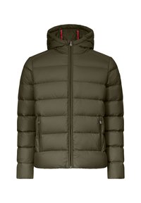Chaqueta acolchada verde oliva con capucha, que presenta un cierre vertical y dos bolsillos laterales. El diseño incluye secciones acolchadas para aislamiento.