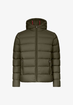 Chaqueta acolchada verde oliva con capucha, que presenta un cierre vertical y dos bolsillos laterales. El diseño incluye secciones acolchadas para aislamiento.