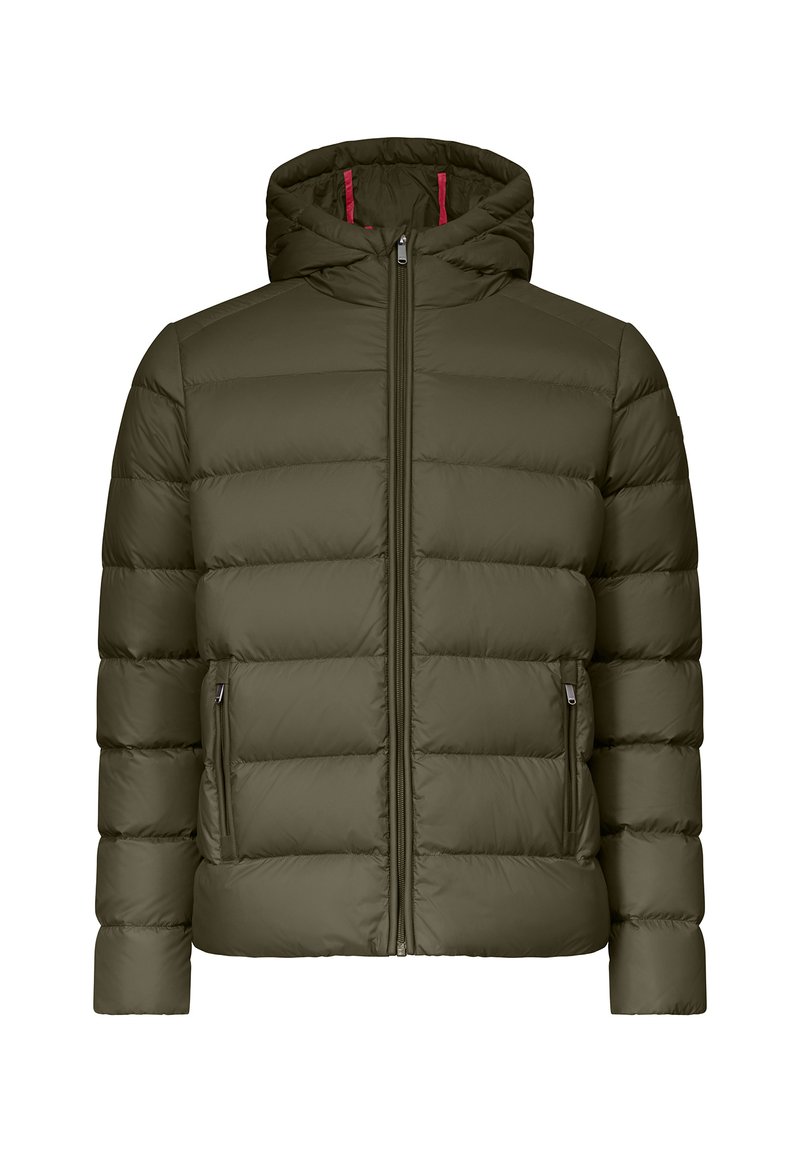 Chaqueta acolchada verde oliva con capucha, que presenta un cierre vertical y dos bolsillos laterales. El diseño incluye secciones acolchadas para aislamiento.