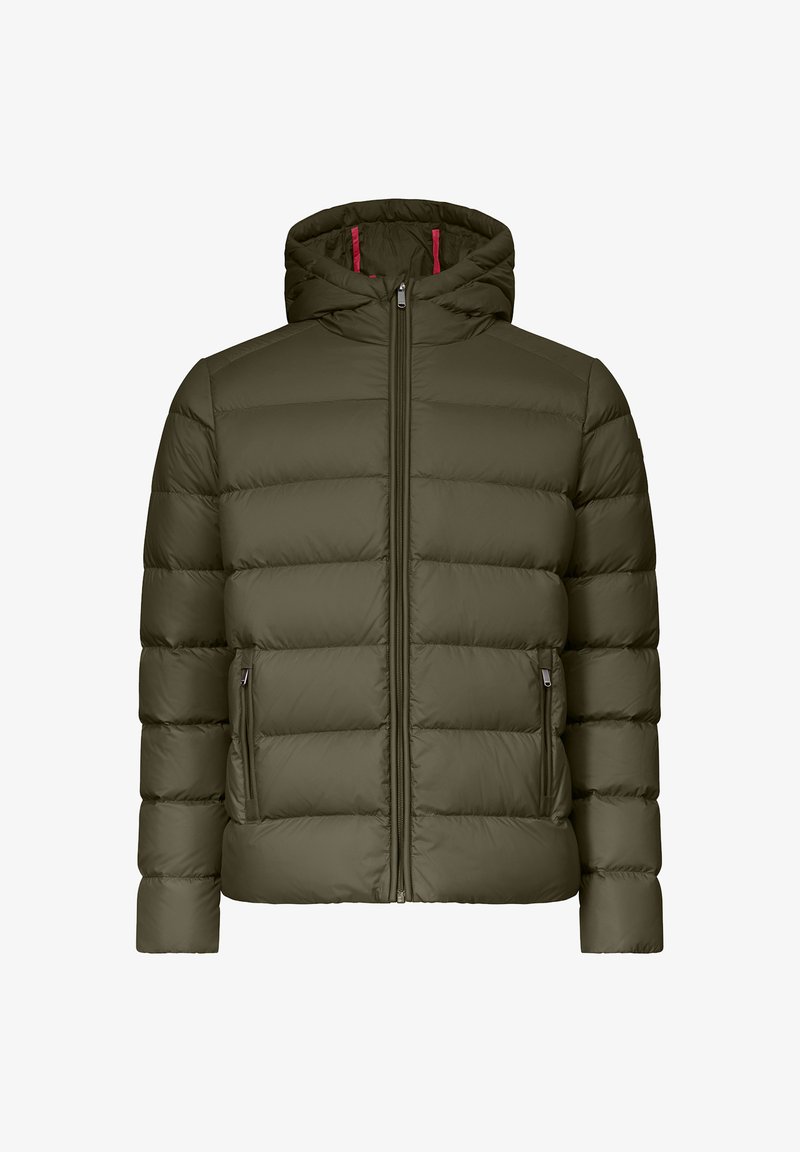 Veste matelassée vert olive avec capuche, dotée d'une fermeture éclair verticale et de deux poches latérales. Le design comprend des sections matelassées pour l'isolation.