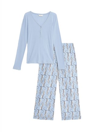 Haut bleu clair à manches longues avec un col henley et des boutons, associé à un pantalon de pyjama assorti avec un motif de hippocampe.