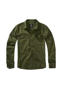 Dolga bombažna srajca olivno zelene barve z dolgimi rokavi, z dvema žepoma na prsih, ovratnikom in zapenjanjem na gumbe spredaj s zaobljenim robom.