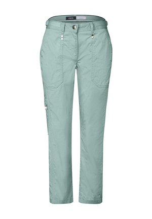 Licht mintgroene broeken van lichtgewicht stof, met een recht gesneden ontwerp, voorzakken en een ritszak aan de zijkant.