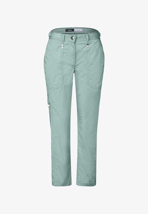 Licht mintgroene broeken van lichtgewicht stof, met een recht gesneden ontwerp, voorzakken en een ritszak aan de zijkant.