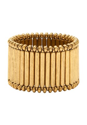 Szeroka rozciągliwa bransoletka w złotym odcieniu, złożona z pionowych zaokrąglonych prętów połączonych małymi okrągłymi koralikami na krawędziach.