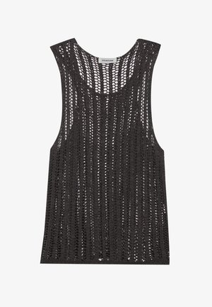 Black knitted tank top with a loose fit, featuring a scoop neckline and open weave pattern. Made from lightweight material.