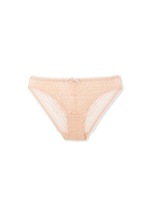 Culotte bikini pour femme en dentelle beige avec des motifs floraux et un petit nœud central à l'avant, isolée sur fond blanc.