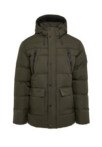 Grøn pufferjakke med hætte, der har en frontlynlås, knaplukninger og to brystlommer. Glat tekstur og quiltet design.