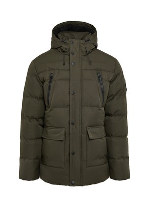 Grüne Steppjacke mit Kapuze, ausgestattet mit einem Frontreißverschluss, Druckknöpfen und zwei Brusttaschen. Glatte Textur und gestepptes Design.