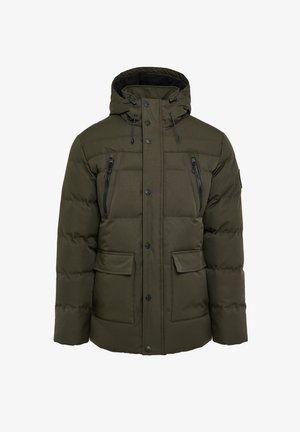 Groene pufferjack met een capuchon, voorzien van een frontrits, drukknoopsluitingen en dubbele borstzakken. Gladde textuur en doorgestikte design.