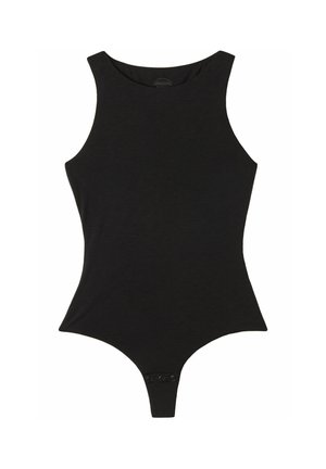Zwarte bodysuit van gladde, rekbare stof. Heeft een hoge halslijn, mouwloos ontwerp en een stringonderdeel met drukknoopsluitingen.