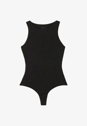 Bodysuit noir en tissu lisse et extensible. Présente un col haut, une conception sans manches et un bas en string avec des fermetures à pression.
