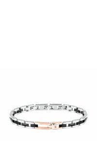 Bracciale in metallo argento e nero con chiusura in oro rosa; presenta una finitura liscia, maglie rettangolari e un accento centrale di diamante.