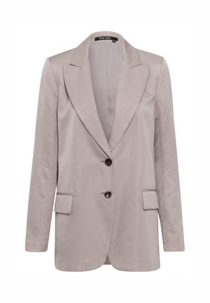 Light gray blazer with a notched collar, two front pockets, and single button closure. Features a textured fabric and tailored fit.