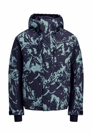Veste bleu marine avec un motif semblable à de l'eau en teal clair, capuche, fermeture éclair à l'avant et poignets ajustables. Comprend des poches et un détail de logo.